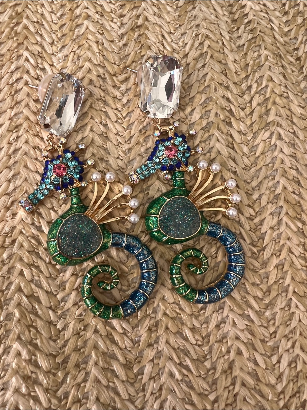 Green and Blue Seahorse Drop Earrings - Statement Jewelry